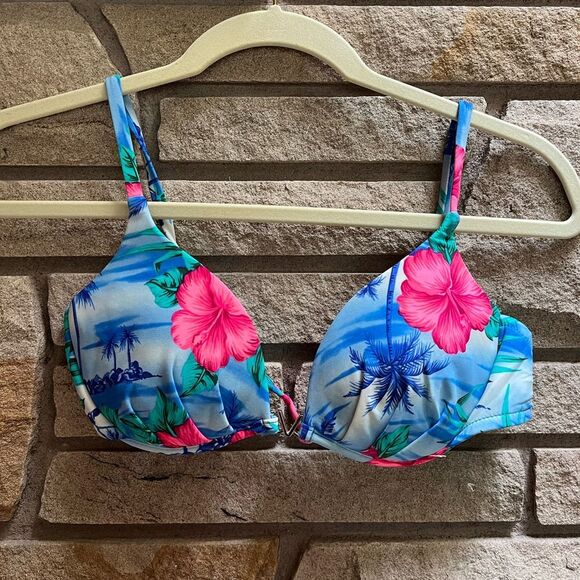 Vintage VENUS Swimwear Tropical Maui Hawaiian Print Bikini top Blue White 34B - Picture 1 of 6